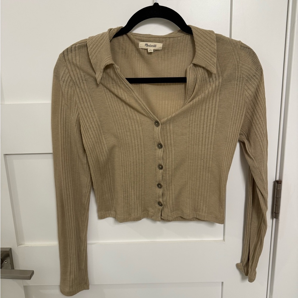 Ribbed Tan Button-Up Top